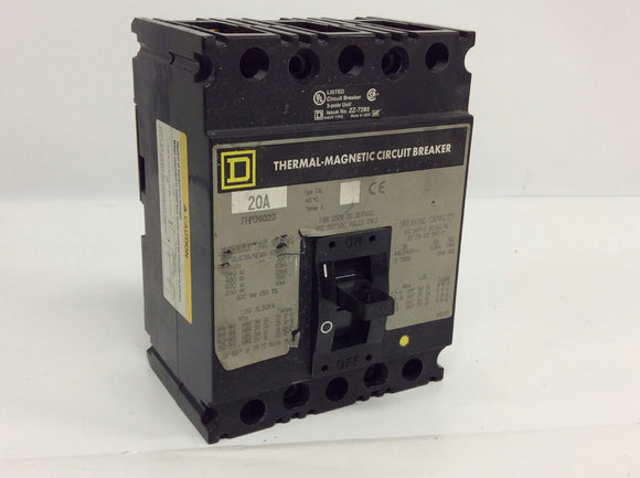 Square D FHP36020 Series 2 Circuit Breaker 3 Pole 20 A 600 VAC 250 VDC FHP FAL