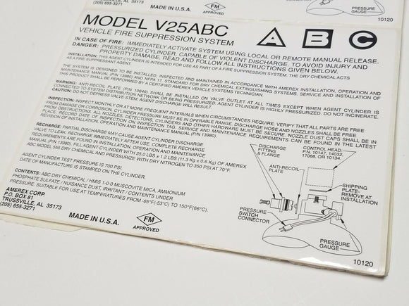 Amerex V25ABC Vehicle Fire Suppression System 8x6 Vinyl Self Adhesive Label