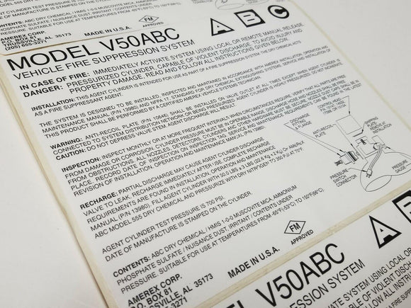 Amerex V50ABC Vehicle Fire Suppression System 8x6 Vinyl Self Adhesive Label