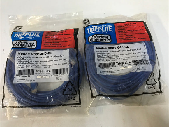 Lot Of 2 Tripp Lite N001-040-BL Cat6 Gigabit Blue Snagless 40ft. Ethernet RJ45