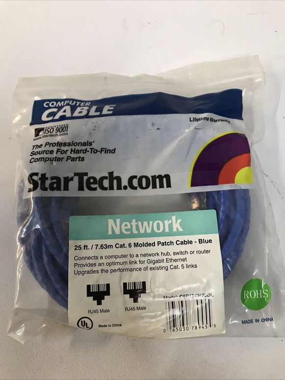 StarTech C6PATCH25BL 25ft CAT6 Ethernet Cable Blue Molded Gigabit Male RJ45