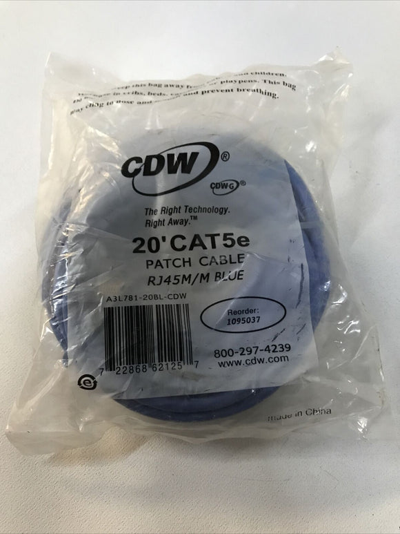 CDW Cat5e Network Cable RJ-45 Male 20ft Blue A3L781-20BL-CDW New