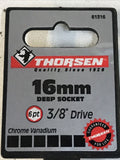 Thorsen 16mm Deep Socket 3/8 Drive 6 Point Metric Chrome Vanadium 61316