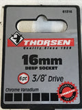 Thorsen 16mm Deep Socket 3/8 Drive 6 Point Metric Chrome Vanadium 61316
