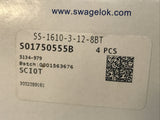 *SEALED BOX OF 4* SWAGELOK SS-1610-3-12-8 BT Bore Through Tee Fitting S01750555B