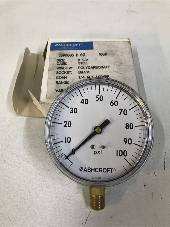 Ashcroft 35W1005 H 02L 100# Pressure Gauge 3-1/2in 0-100psi 1/4in Npt