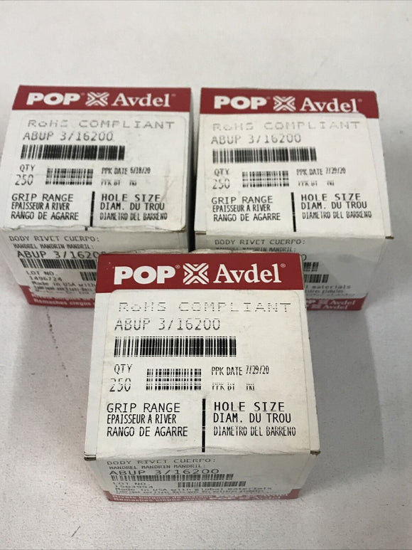 *3 Boxes Of 250* Pop Avdel ABUP 3/16200 Rivets