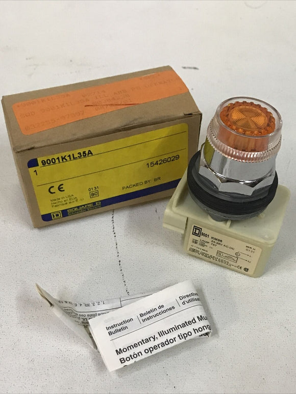 Square D 9001K1L35A Amber Illuminated Push Button 9001KM35 Ser H 24-28V AC/DC