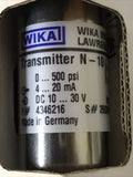 Wika Instrument N-10 Pressure Transmitter 500 psi 4-20 mA DC 10-30 V 4346216