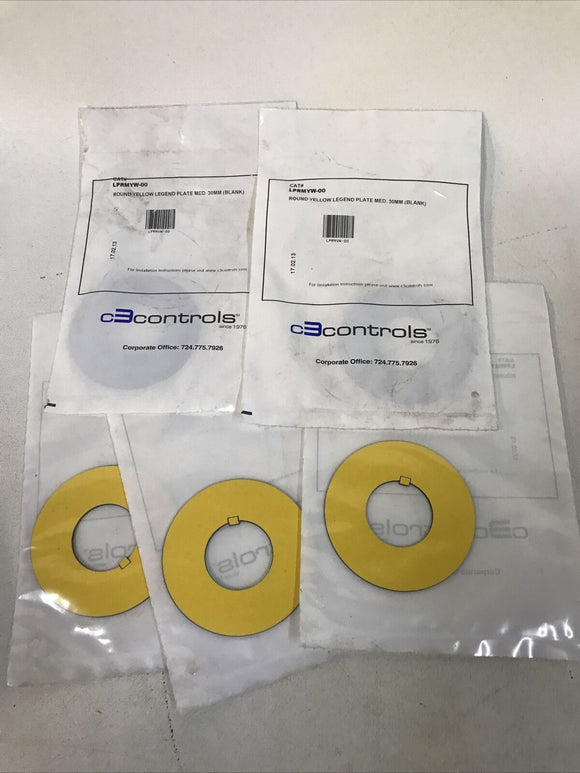 (LOT OF 5) C3 Controls LPRMYW-00 Blank Yellow Legend Button Label Plate 30mm