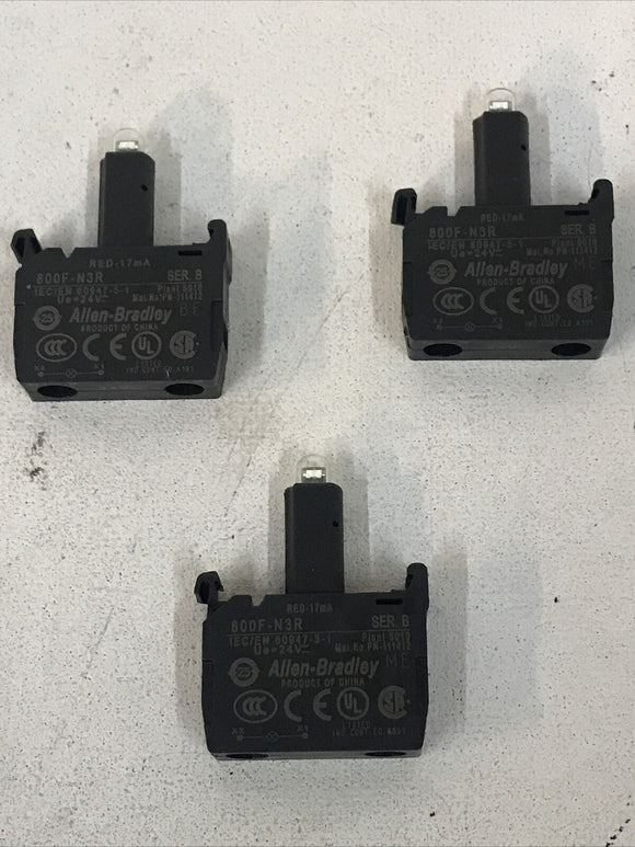 *LOT OF 3* Allen Bradley 800F-N3R Ser. B Red Integrated LED 800FN3R 24V 17mA